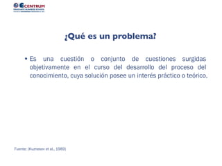 Fuente: (Kuznesov et al., 1989)
Es una cuestión o conjunto de cuestiones surgidas
objetivamente en el curso del desarrollo del proceso del
conocimiento, cuya solución posee un interés práctico o teórico.
¿Qué es un problema?
 