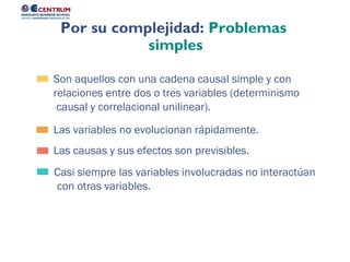 Casi siempre las variables involucradas no interactúan
con otras variables.
Las causas y sus efectos son previsibles.
Las variables no evolucionan rápidamente.
Son aquellos con una cadena causal simple y con
relaciones entre dos o tres variables (determinismo
causal y correlacional unilinear).
Por su complejidad: Problemas
simples
 