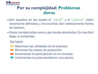Incrementar la productividad en una planta.
Incrementar la participación en el mercado.
Minimizar los costos de producción
Maximizar las utilidades de la empresa.
Ejemplos:
Existe claridad sobre como y por donde abordarlos. Es mas fácil
llegar a consensos.
Son aquellos en los cuales el “¿Qué?” y el “¿Cómo?” están
claramente definidos y circunscritos. Son relativamente fáciles
de resolver.
Por su complejidad: Problemas
duros
 