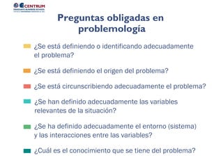 ¿Cuál es el conocimiento que se tiene del problema?
¿Se ha definido adecuadamente el entorno (sistema)
y las interacciones entre las variables?
¿Se han definido adecuadamente las variables
relevantes de la situación?
¿Se está circunscribiendo adecuadamente el problema?
¿Se está definiendo el origen del problema?
¿Se está definiendo o identificando adecuadamente
el problema?
Preguntas obligadas en
problemología
 