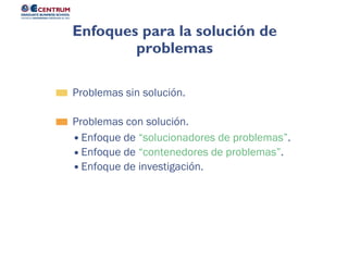 Problemas sin solución.
Problemas con solución.
Enfoque de “solucionadores de problemas”.
Enfoque de “contenedores de problemas”.
Enfoque de investigación.
Enfoques para la solución de
problemas
 