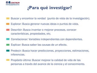 Propósito último: Buscar mejorar la calidad de vida de las
personas a través del avance de la ciencia y el conocimiento.
Predecir: Busca hacer predicciones, proyecciones, estimaciones,
inferencias.
Explicar: Busca saber las causas de un efecto.
Correlacionar: Variables independientes con dependientes.
Describir: Busca inventar o mejorar procesos, conocer
características, propiedades, etc.
Explorar: Busca generar nuevas ideas o puntos de vista.
Buscar y encontrar la verdad (punto de vista de la investigación).
¿Para qué investigar?
 