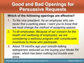 Chapter 8, Slide 13
Mary Ellen Guffey, Essentials of Business Communication, 8e
1. To the vice president: As an employee w...