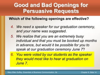 Chapter 8, Slide 14
Mary Ellen Guffey, Essentials of Business Communication, 8e
4. We need a speaker for our graduation ce...