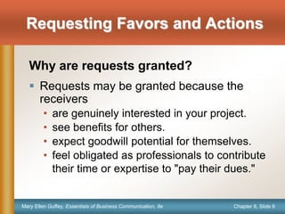 Chapter 8, Slide 6
Mary Ellen Guffey, Essentials of Business Communication, 8e
Requesting Favors and Actions
Why are reque...