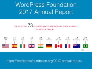 WordPress Foundation
2017 Annual Report
https://wordpressfoundation.org/2017-annual-report/
 