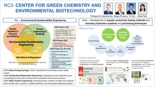 RC3: CENTER FOR GREEN CHEMISTRY AND
ENVIRONMENTAL BIOTECHNOLOGY
Philippe M. Heynderickx, Serge Zhuiykov, Di Wu, Jihae Park
Park – Development of aquatic ecotoxicity testing methods and
biomass production systems and processing techniques
Wu – Environmental Sustainability Engineering
Environmentally
Friendly
Alternative
Renewable
Energy
2022 Papers (13):
1) Chemical Engineering Journal 133678.
2) Bioresource Technology 126447.
3) Bioresource Technology 126554.
4) Bioresource Technology Reports 20,
101235.
5) Journal of Water Process Engineering
50, 103274.
2023 Papers (20):
1) Water Research, 120013.
2) Bioresource Technology 382, 129212.
3) Critical Reviews in Environmental
Science and Technology 54, 369-384
4) Chemical Engineering Journal 473,
145249.
5) Water Research 243, 120331.
6) Water Research 247, 2023.
7) Water Research 229, 119393.
8) Energy & Fuel, 37 (4) 3142-3151.
2024 Papers (5; till now)
1. Environmental Pollution 341,
123017.
2. Bioresource Technology 393,
129939.
3. Science of the Total Environment
912, 169103.
4. Critical Reviews in Environmental
Science and Technology,
https://doi.org/10.1080/10643389.2
024.2315004
5. Desalination 576, 117293.
[WES] Water-Energy Synergy: carbon neutralization and low/zero carbon water
system.
[SWE] Sustainable Waste(water) Engineering: integrating process engineering and
microbiological science for environmental remediation and resource recovery.
[WSE] Water System Engineering: developing smart, resilient concepts and analytical
tools, tackling open, dynamic, complex problems in environmental engineering system.
 