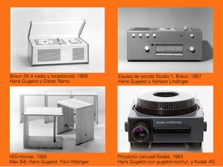 Braun SK 4 (radio y tocadiscos), 1956
Hans Gugelot y Dieter Rams
HfG-Hocker, 1955
Max Bill, Hans Gugelot, Paul Hildinger
Proyector carrusel Kodak, 1963
Hans Gugelot con gugelot-institut, y Kodak AG
Equipo de sonido Studio 1, Braun, 1957
Hans Gugelot y Herbert Lindinger
 