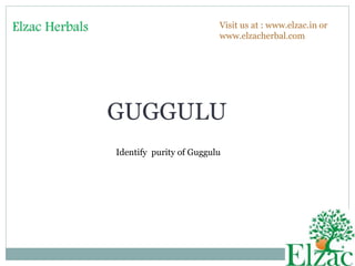 Elzac Herbals Visit us at : www.elzac.in or 
www.elzacherbal.com 
GUGGULU 
Identify purity of Guggulu 
 