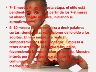 7- 8 meses: Anterior a esta etapa, el niño está pendiente del adulto. A partir de los 7-8 meses va abandonando al padre, iniciando su autoafirmación. 9- 10 meses: El niño empieza a decir palabras cortas, siendo éstas repeticiones de lo oído a los adultos. El niño empieza a realizar comportamientos intencionados.  Empieza a tener destreza con la lengua y los labios, favoreciendo la vocalización articulada. Muestra interés por imitar gestos y sonidos y por comunicarse.  Se va perdiendo la afectividad madre-niño. 