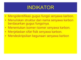 INDIKATOR
• Mengidentifikasi gugus fungsi senyawa karbon.
• Menuliskan struktur dan nama senyawa karbon
berdasarkan gugus fungsinya.
• Menentukan isomer-isomer senyawa karbon.
• Menjelaskan sifat fisik senyawa karbon.
• Mendeskripsikan kegunaan senyawa karbon
 