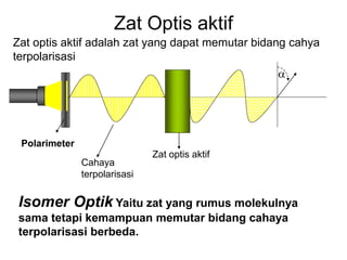 Zat Optis aktif
Isomer Optik Yaitu zat yang rumus molekulnya
sama tetapi kemampuan memutar bidang cahaya
terpolarisasi berbeda.

Polarimeter
Cahaya
terpolarisasi
Zat optis aktif
Zat optis aktif adalah zat yang dapat memutar bidang cahya
terpolarisasi
 