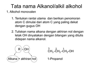 Tata nama Alkanol/alkil alkohol
R - OH
Alkana + akhiran nol
1. Alkohol monovalen
1. Tentukan rantai utama dan berikan penomoran
atom C dimulai dari atom C yang paling dekat
dengan gugus OH
CH3 -CH2 -CH2-OH
3 2 1
2. Tuliskan nama alkana dengan akhiran nol dengan
letak OH dinyatakan dengan bilangan yang ditulis
didepan nama alkanol.
1-Propanol
 