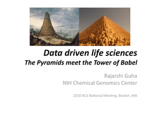 Data driven life sciences  
The Pyramids meet the Tower of Babel 
                           Rajarshi Guha 
            NIH Chemical Genomics Center 

               2010 ACS Na;onal Mee;ng, Boston, MA 
 