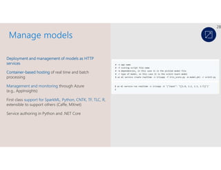 Deployment and management of models as HTTP
services
Container-based hosting of real time and batch
processing
Management ...