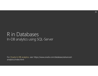 For Oracle In DB analytics, see: https://www.oracle.com/database/advanced-
analytics/index.html
 