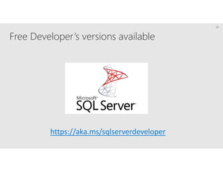 Free Developer’s versions available
33
https://aka.ms/sqlserverdeveloper
 