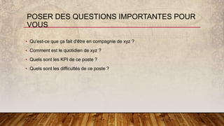 • Qu'est-ce que ça fait d'être en compagnie de xyz ?
• Comment est le quotidien de xyz ?
• Quels sont les KPI de ce poste ?
• Quels sont les difficultés de ce poste ?
POSER DES QUESTIONS IMPORTANTES POUR
VOUS
 