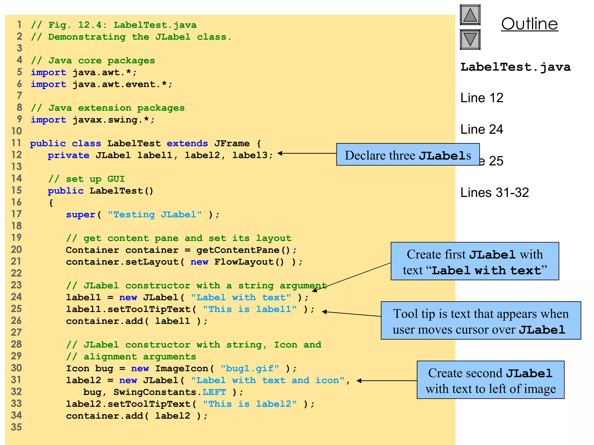1  // Fig. 12.4: LabelTest.java   2  // Demonstrating the JLabel class.   3    4  // Java core packages   5  import  java.awt.*;   6  import  java.awt.event.*;   7    8  // Java extension packages   9  import  javax.swing.*; 10  11  public class  LabelTest  extends  JFrame { 12  private  JLabel label1, label2, label3; 13  14  // set up GUI 15  public  LabelTest() 16  { 17  super (  &quot;Testing JLabel&quot;  ); 18  19  // get content pane and set its layout 20  Container container = getContentPane(); 21  container.setLayout(  new  FlowLayout() ); 22  23  // JLabel constructor with a string argument 24  label1 =  new  JLabel(  &quot;Label with text&quot;  ); 25  label1.setToolTipText(  &quot;This is label1&quot;  ); 26  container.add( label1 ); 27  28  // JLabel constructor with string, Icon and 29  // alignment arguments 30  Icon bug =  new  ImageIcon(  &quot;bug1.gif&quot;  ); 31  label2 =  new  JLabel(  &quot;Label with text and icon&quot; , 32  bug, SwingConstants. LEFT  ); 33  label2.setToolTipText(  &quot;This is label2&quot;  ); 34  container.add( label2 ); 35  LabelTest.java Line 12 Line 24 Line 25 Lines 31-32 Declare three  JLabel s Create first  JLabel  with text “ Label   with   text ” Create second  JLabel  with text to left of image Tool tip is text that appears when user moves cursor over  JLabel   