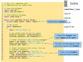 1  // Fig. 12.4: LabelTest.java   2  // Demonstrating the JLabel class.   3    4  // Java core packages   5  import  java.awt.*;   6  import  java.awt.event.*;   7    8  // Java extension packages   9  import  javax.swing.*; 10  11  public class  LabelTest  extends  JFrame { 12  private  JLabel label1, label2, label3; 13  14  // set up GUI 15  public  LabelTest() 16  { 17  super (  &quot;Testing JLabel&quot;  ); 18  19  // get content pane and set its layout 20  Container container = getContentPane(); 21  container.setLayout(  new  FlowLayout() ); 22  23  // JLabel constructor with a string argument 24  label1 =  new  JLabel(  &quot;Label with text&quot;  ); 25  label1.setToolTipText(  &quot;This is label1&quot;  ); 26  container.add( label1 ); 27  28  // JLabel constructor with string, Icon and 29  // alignment arguments 30  Icon bug =  new  ImageIcon(  &quot;bug1.gif&quot;  ); 31  label2 =  new  JLabel(  &quot;Label with text and icon&quot; , 32  bug, SwingConstants. LEFT  ); 33  label2.setToolTipText(  &quot;This is label2&quot;  ); 34  container.add( label2 ); 35  LabelTest.java Line 12 Line 24 Line 25 Lines 31-32 Declare three  JLabel s Create first  JLabel  with text “ Label   with   text ” Create second  JLabel  with text to left of image Tool tip is text that appears when user moves cursor over  JLabel   