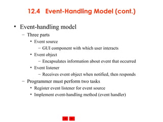 12.4  Event-Handling Model (cont.) Event-handling model Three parts Event source GUI component with which user interacts Event object Encapsulates information about event that occurred Event listener Receives event object when notified, then responds Programmer must perform two tasks Register event listener for event source Implement event-handling method (event handler) 