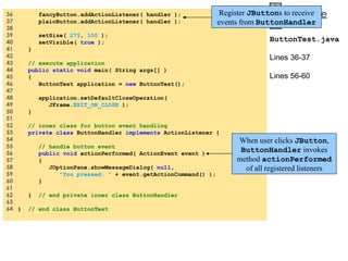 36  fancyButton.addActionListener( handler ); 37  plainButton.addActionListener( handler ); 38  39  setSize(  275 ,  100  ); 40  setVisible(  true  ); 41  } 42  43  // execute application 44  public static void  main( String args[] ) 45  {  46  ButtonTest application =  new  ButtonTest(); 47  48  application.setDefaultCloseOperation( 49  JFrame. EXIT_ON_CLOSE  ); 50  } 51  52  // inner class for button event handling 53  private class  ButtonHandler  implements  ActionListener { 54  55  // handle button event 56  public void  actionPerformed( ActionEvent event ) 57  { 58  JOptionPane.showMessageDialog(  null , 59  &quot;You pressed: &quot;  + event.getActionCommand() ); 60  } 61  62  }   // end private inner class ButtonHandler 63  64  }  // end class ButtonTest ButtonTest.java Lines 36-37 Lines 56-60 Register  JButton s to receive events from  ButtonHandler When user clicks  JButton ,  ButtonHandler  invokes method  actionPerformed  of all registered listeners 