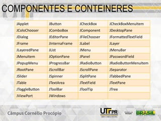 COMPONENTES E CONTEINERES
JApplet JButton JCheckBox JCheckBoxMenuItem
JColoChooser JComboBox JComponent JDesktopPane
JDialog JEditorPane JFileChooser JFormattedTextField
JFrame JInternaFrame JLabel JLayer
JLayeredPane JList JMenu JMenuBar
JMenuItem JOptionPane JPanel JPasswordField
JPopupMenu JProgressBar JRadioButton JRadioButtonMenuItem
JRootPane JScrollBar JScrollPane JSeparator
JSlider JSpinner JSplitPane JTabbedPane
JTable JTextArea JTextField JTextPane
JToggleButton JToolBar JToolTip JTree
JViewPort JWindows
 