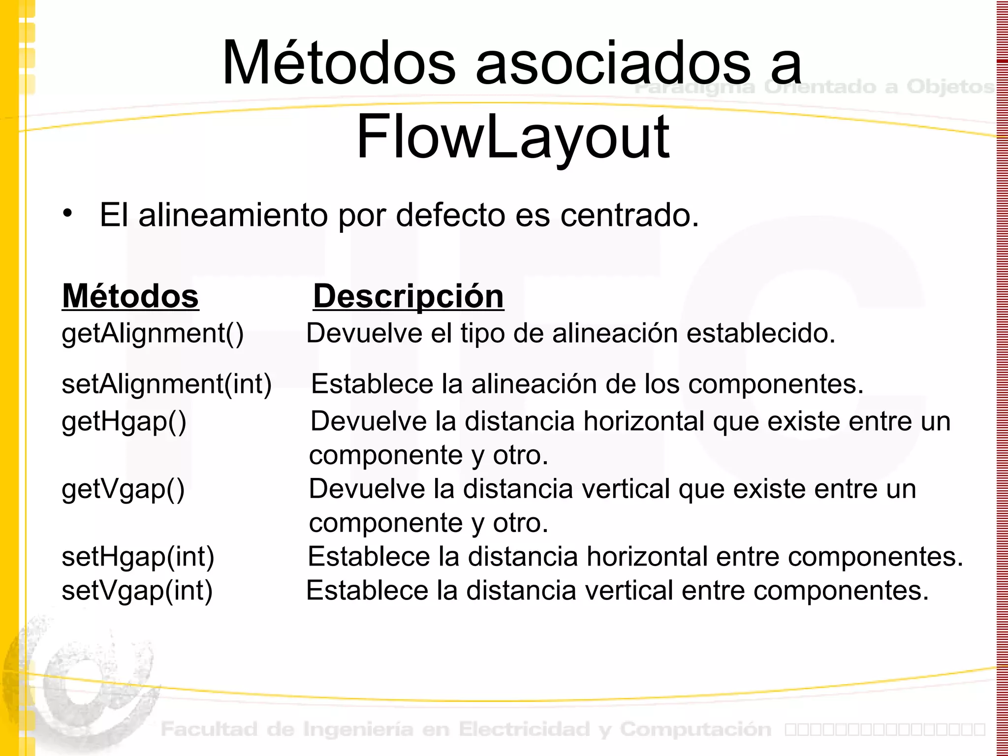 Métodos asociados a FlowLayout El alineamiento por defecto es centrado. Métodos   Descripción getAlignment()  Devuelve el tipo de alineación establecido. setAlignment(int)  Establece la alineación de los componentes.   getHgap()  Devuelve la distancia horizontal que existe entre un  componente y otro. getVgap()  Devuelve la distancia vertical que existe entre un  componente y otro. setHgap(int)  Establece la distancia horizontal entre componentes. setVgap(int)  Establece la distancia vertical entre componentes. 