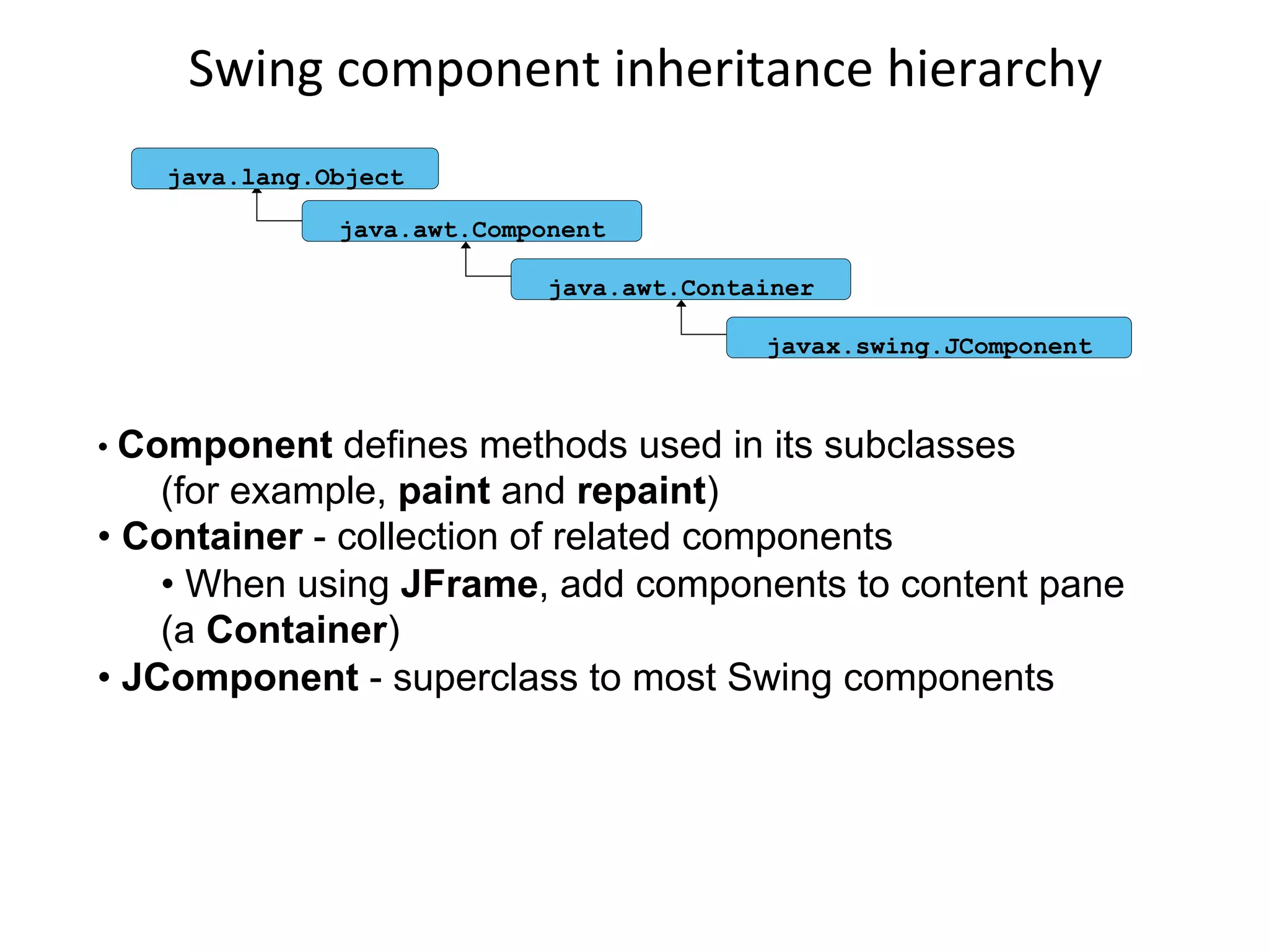 Swing 
component 
inheritance 
hierarchy 
java.awt.Component 
java.awt.Container 
java.lang.Object 
javax.swing.JComponent 
• Component defines methods used in its subclasses 
(for example, paint and repaint) 
• Container - collection of related components 
• When using JFrame, add components to content pane 
(a Container) 
• JComponent - superclass to most Swing components 
 
