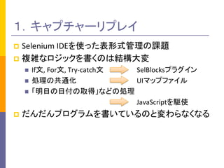 ?Selenium IDEʹäʽn} 
?}jʥåΤϽY 
?If, For, Try-catch SelBlocksץ饰 
?Iιͨ UIޥåץե 
?դոȡáʤɤ΄I 
JavaScriptlʹ 
?ץƤΤȉʤʤ 
ץ`ץ쥤  