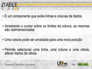 JTABLE
• É um componente que exibe linhas e colunas de dados
• Arrastando o cursor sobre os limites da coluna, as mesmas
são redimensionadas
• Uma coluna pode ser arrastada para uma nova posição
• Permite selecionar uma linha, uma coluna e uma célula,
alterar dados da célula.
 