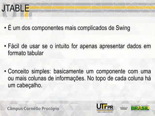 JTABLE
• É um dos componentes mais complicados de Swing
• Fácil de usar se o intuito for apenas apresentar dados em
formato tabular
• Conceito simples: basicamente um componente com uma
ou mais colunas de informações. No topo de cada coluna há
um cabeçalho.
 