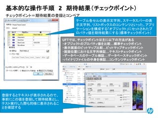 © Copyright 2012 Hewlett-Packard Development Company, L.P. The information contained herein is subject to change without notice.
15
チェックポイント＝期待結果の登録とコンペア
基本的な操作手順 2 期待結果（チェックポイント）
UFTでは、チェックポイントは主に以下の方法がある
・オブジェクトのプロパティ値を比較…標準チェックポイント
・表示画面のビットマップ比較…ビットマップチェックポイント
・画面位置における文字列検証…テキストチェックポイント
・データベースのテーブル検証…データベースチェックポイント
・バイナリファイルの中身を検証…コンテンツチェックポイント
登録するとテキストが表示されるので、
事前にこの値を登録して期待結果とし、
テスト実行した際も同様に表示されるこ
とを確認する
テーブル各セルの表示文字列、ステータスバーの表
示文字列、リストボックスのコンテンツといった、アプリ
ケーションを構成する「オブジェクト」にセットされたプ
ロパティ値を期待結果にする（標準チェックポイント）
 