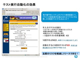 © Copyright 2012 Hewlett-Packard Development Company, L.P. The information contained herein is subject to change without notice.
22
テスト実行自動化の効果
飛行機予約システムのフライト検索画面にて、
フライトの検索条件を組み合わせてテストする
際、どの程度テストすればよいか？
手入力でテストを実行
･入力パターンを見ながら間違えないよう入力
･結果を期待値と比較して確認
･結果のエビデンスを取得し保存
→1回のテストの所要時間 4分
自動化すると10回のテストが2分…本当に必
要な数のテストの実行が可能になる
10回やれば40分…時間でテスト量を決めてしまう
品質のリスクを軽減しリリースできる！
 