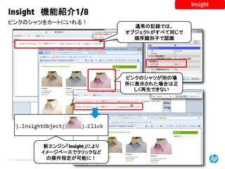 © Copyright 2012 Hewlett-Packard Development Company, L.P. The information contained herein is subject to change without notice.
41
ピンクのシャツをカートにいれる！
Insight 機能紹介1/8
Insight
通常の記録では、
オブジェクトがすべて同じで
順序識別子で認識
ピンクのシャツが別の場
所に表示された場合は正
しく再生できない
新エンジン「Insight」により
イメージベースでクリックなど
の操作指定が可能に！
 