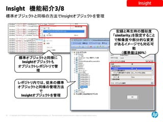 © Copyright 2012 Hewlett-Packard Development Company, L.P. The information contained herein is subject to change without notice.
43
標準オブジェクトと同様の方法でInsightオブジェクトを管理
Insight 機能紹介3/8
Insight
標準オブジェクトと同様に
Insightオブジェクトも
オブジェクトレポジトリで管
理
記録と再生時の類似度
「similarity」を設定すること
で解像度や部分的な変更
があるイメージでも対応可
能
（標準値は80%）
レポジトリ内では、従来の標準
オブジェクトと同様の管理方法
で
Insightオブジェクトを管理
 