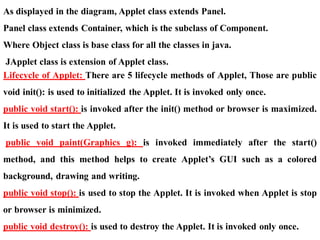 As displayed in the diagram, Applet class extends Panel.
Panel class extends Container, which is the subclass of Component.
Where Object class is base class for all the classes in java.
JApplet class is extension of Applet class.
Lifecycle of Applet: There are 5 lifecycle methods of Applet, Those are public
void init(): is used to initialized the Applet. It is invoked only once.
public void start(): is invoked after the init() method or browser is maximized.
It is used to start the Applet.
public void paint(Graphics g): is invoked immediately after the start()
method, and this method helps to create Applet’s GUI such as a colored
background, drawing and writing.
public void stop(): is used to stop the Applet. It is invoked when Applet is stop
or browser is minimized.
public void destroy(): is used to destroy the Applet. It is invoked only once.
 