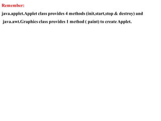 Remember:
java.applet.Applet class provides 4 methods (init,start,stop & destroy) and
java.awt.Graphics class provides 1 method ( paint) to createApplet.
 