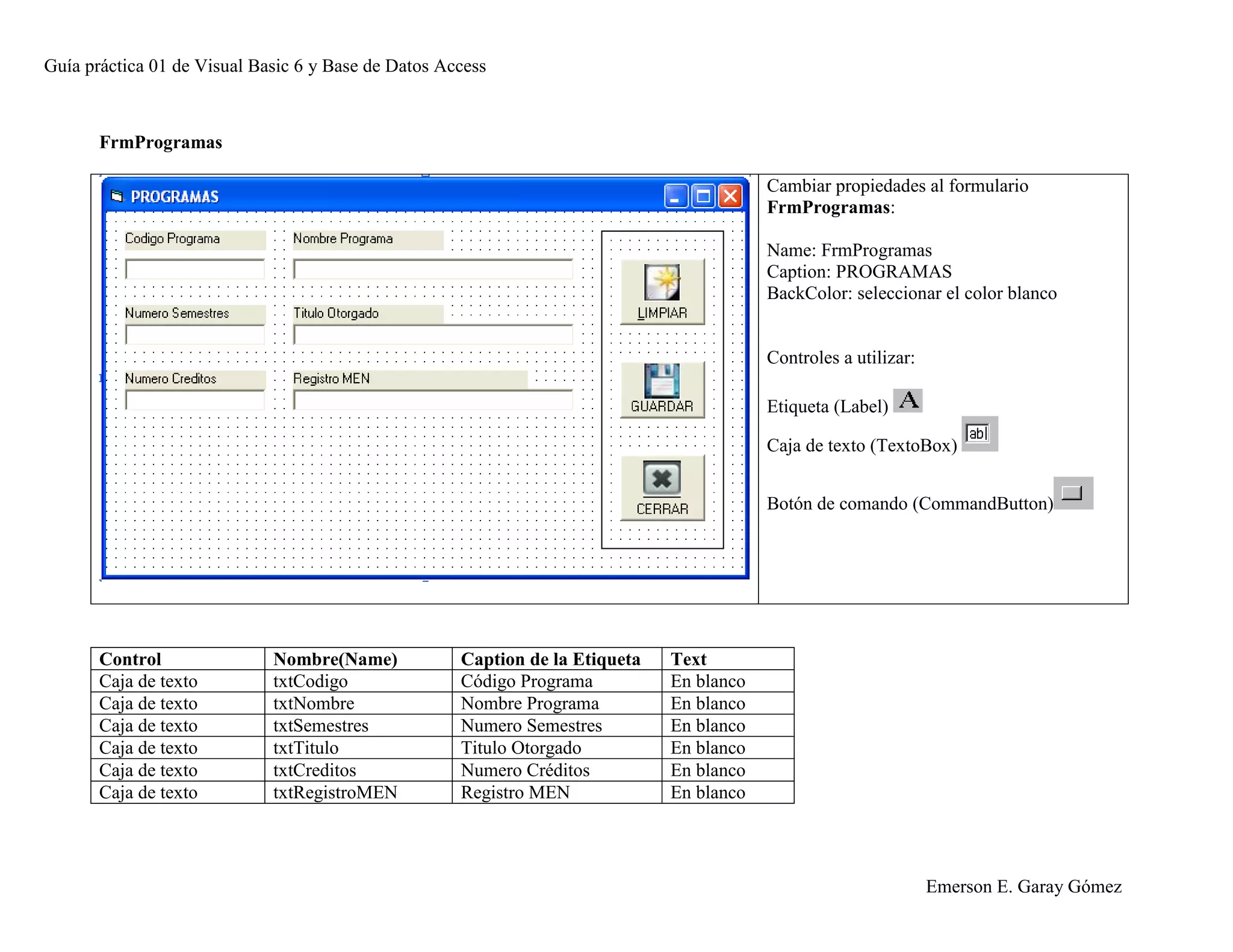 Guía práctica 01 de Visual Basic 6 y Base de Datos Access
Emerson E. Garay Gómez
FrmProgramas
Cambiar propiedades al formulario
FrmProgramas:
Name: FrmProgramas
Caption: PROGRAMAS
BackColor: seleccionar el color blanco
Controles a utilizar:
Etiqueta (Label)
Caja de texto (TextoBox)
Botón de comando (CommandButton)
Control Nombre(Name) Caption de la Etiqueta Text
Caja de texto txtCodigo Código Programa En blanco
Caja de texto txtNombre Nombre Programa En blanco
Caja de texto txtSemestres Numero Semestres En blanco
Caja de texto txtTitulo Titulo Otorgado En blanco
Caja de texto txtCreditos Numero Créditos En blanco
Caja de texto txtRegistroMEN Registro MEN En blanco
 