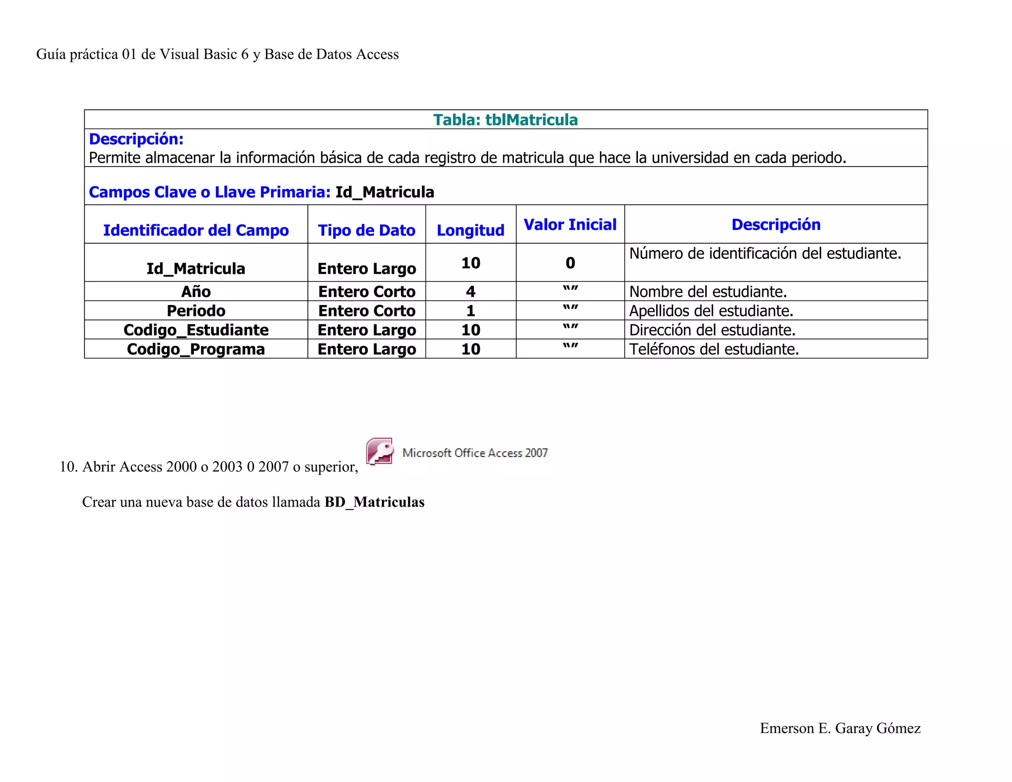 Guía práctica 01 de Visual Basic 6 y Base de Datos Access
Emerson E. Garay Gómez
Tabla: tblMatricula
Descripción:
Permite almacenar la información básica de cada registro de matricula que hace la universidad en cada periodo.
Campos Clave o Llave Primaria: Id_Matricula
Identificador del Campo Tipo de Dato Longitud Valor Inicial Descripción
Id_Matricula Entero Largo 10 0
Número de identificación del estudiante.
Año Entero Corto 4 “” Nombre del estudiante.
Periodo Entero Corto 1 “” Apellidos del estudiante.
Codigo_Estudiante Entero Largo 10 “” Dirección del estudiante.
Codigo_Programa Entero Largo 10 “” Teléfonos del estudiante.
10. Abrir Access 2000 o 2003 0 2007 o superior,
Crear una nueva base de datos llamada BD_Matriculas
 