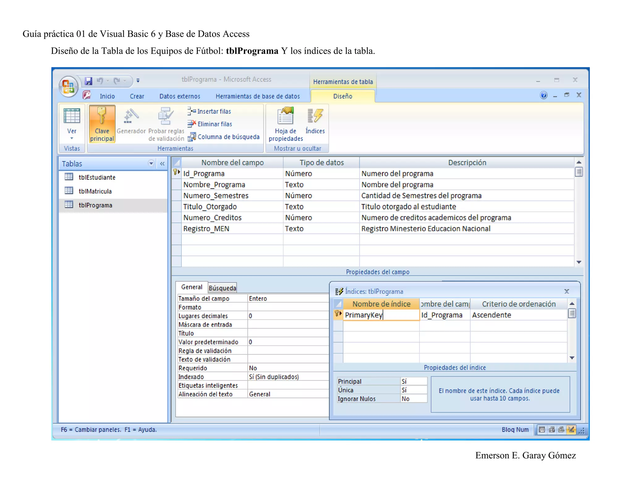 Guía práctica 01 de Visual Basic 6 y Base de Datos Access
Emerson E. Garay Gómez
Diseño de la Tabla de los Equipos de Fútbol: tblPrograma Y los índices de la tabla.
 