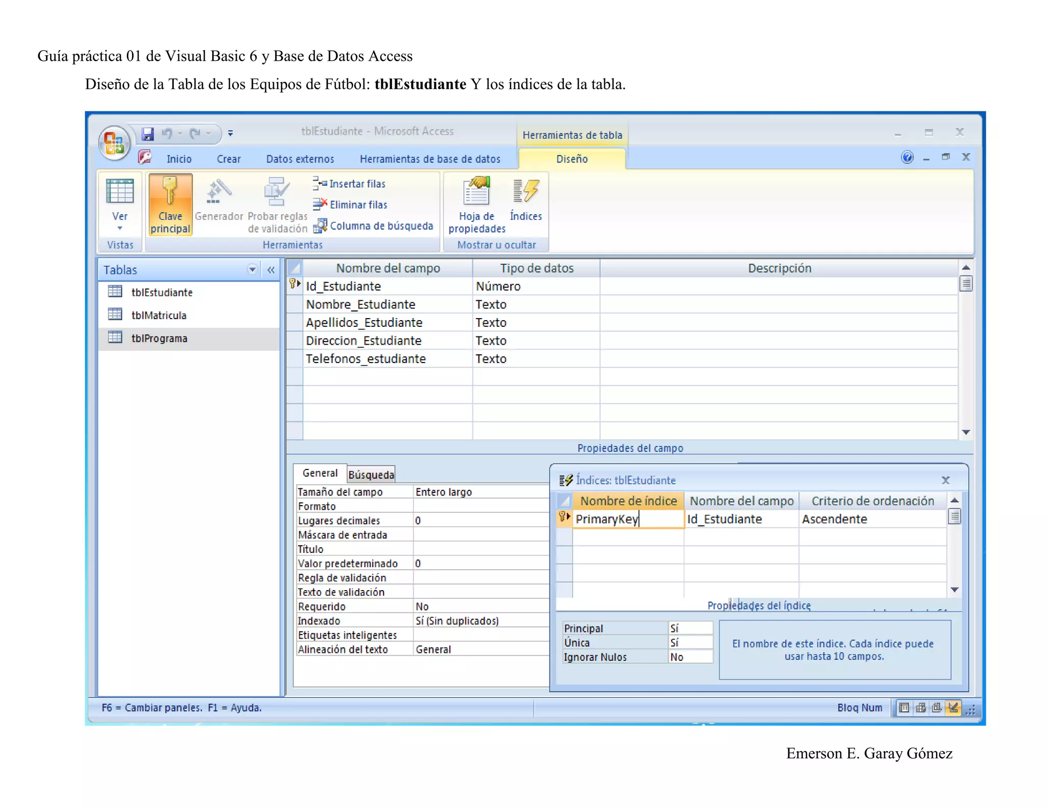 Guía práctica 01 de Visual Basic 6 y Base de Datos Access
Emerson E. Garay Gómez
Diseño de la Tabla de los Equipos de Fútbol: tblEstudiante Y los índices de la tabla.
 