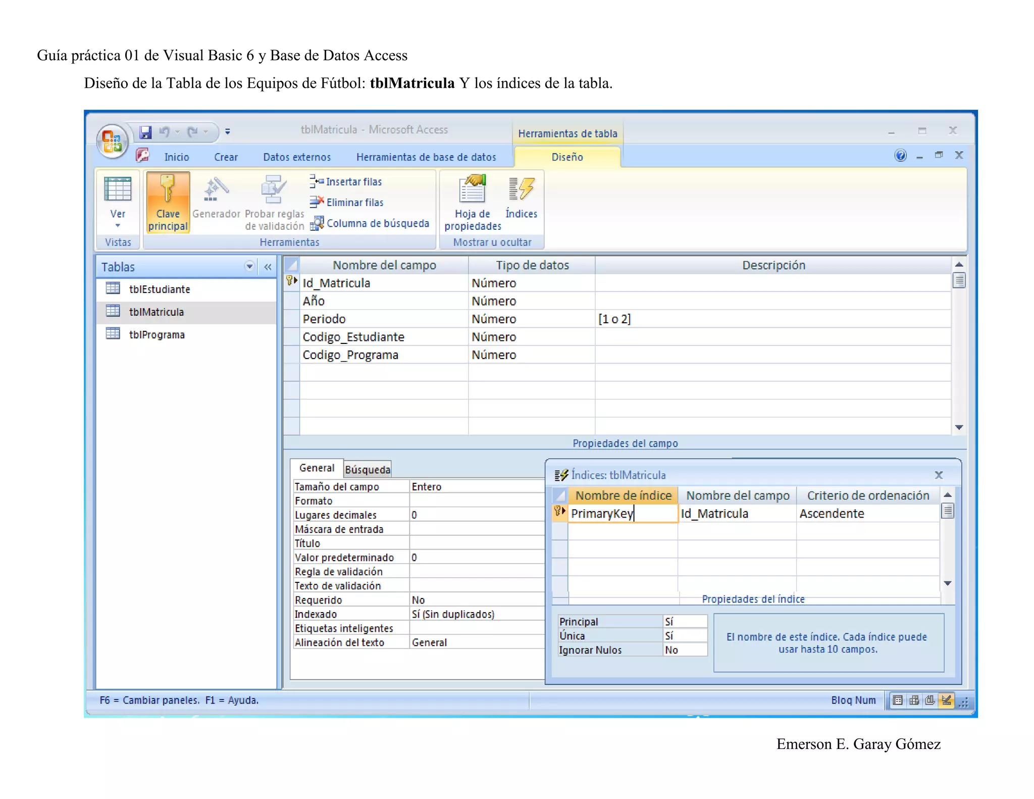 Guía práctica 01 de Visual Basic 6 y Base de Datos Access
Emerson E. Garay Gómez
Diseño de la Tabla de los Equipos de Fútbol: tblMatricula Y los índices de la tabla.
 
