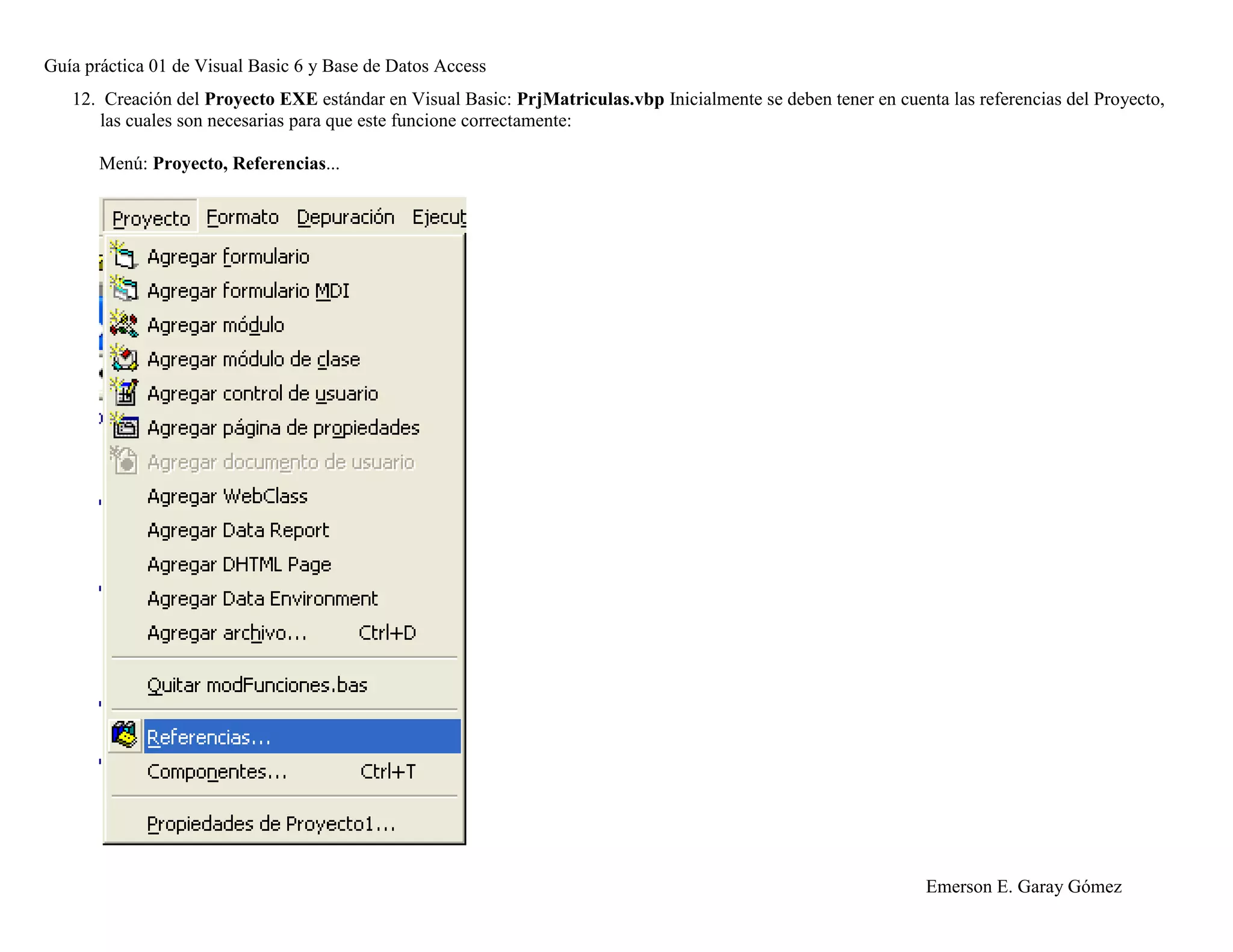 Guía práctica 01 de Visual Basic 6 y Base de Datos Access
Emerson E. Garay Gómez
12. Creación del Proyecto EXE estándar en Visual Basic: PrjMatriculas.vbp Inicialmente se deben tener en cuenta las referencias del Proyecto,
las cuales son necesarias para que este funcione correctamente:
Menú: Proyecto, Referencias...
 