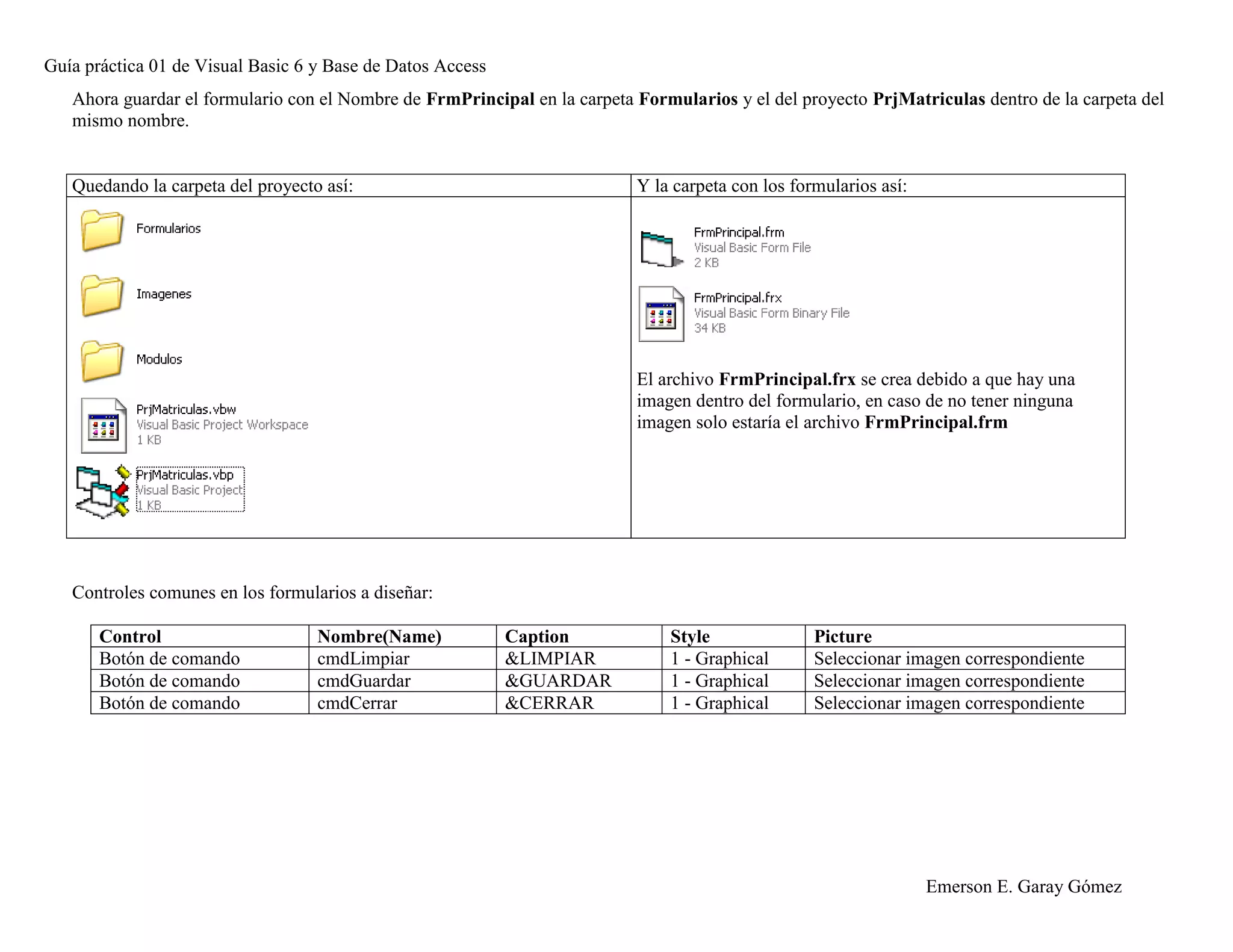 Guía práctica 01 de Visual Basic 6 y Base de Datos Access
Emerson E. Garay Gómez
Ahora guardar el formulario con el Nombre de FrmPrincipal en la carpeta Formularios y el del proyecto PrjMatriculas dentro de la carpeta del
mismo nombre.
Quedando la carpeta del proyecto así: Y la carpeta con los formularios así:
El archivo FrmPrincipal.frx se crea debido a que hay una
imagen dentro del formulario, en caso de no tener ninguna
imagen solo estaría el archivo FrmPrincipal.frm
Controles comunes en los formularios a diseñar:
Control Nombre(Name) Caption Style Picture
Botón de comando cmdLimpiar &LIMPIAR 1 - Graphical Seleccionar imagen correspondiente
Botón de comando cmdGuardar &GUARDAR 1 - Graphical Seleccionar imagen correspondiente
Botón de comando cmdCerrar &CERRAR 1 - Graphical Seleccionar imagen correspondiente
 