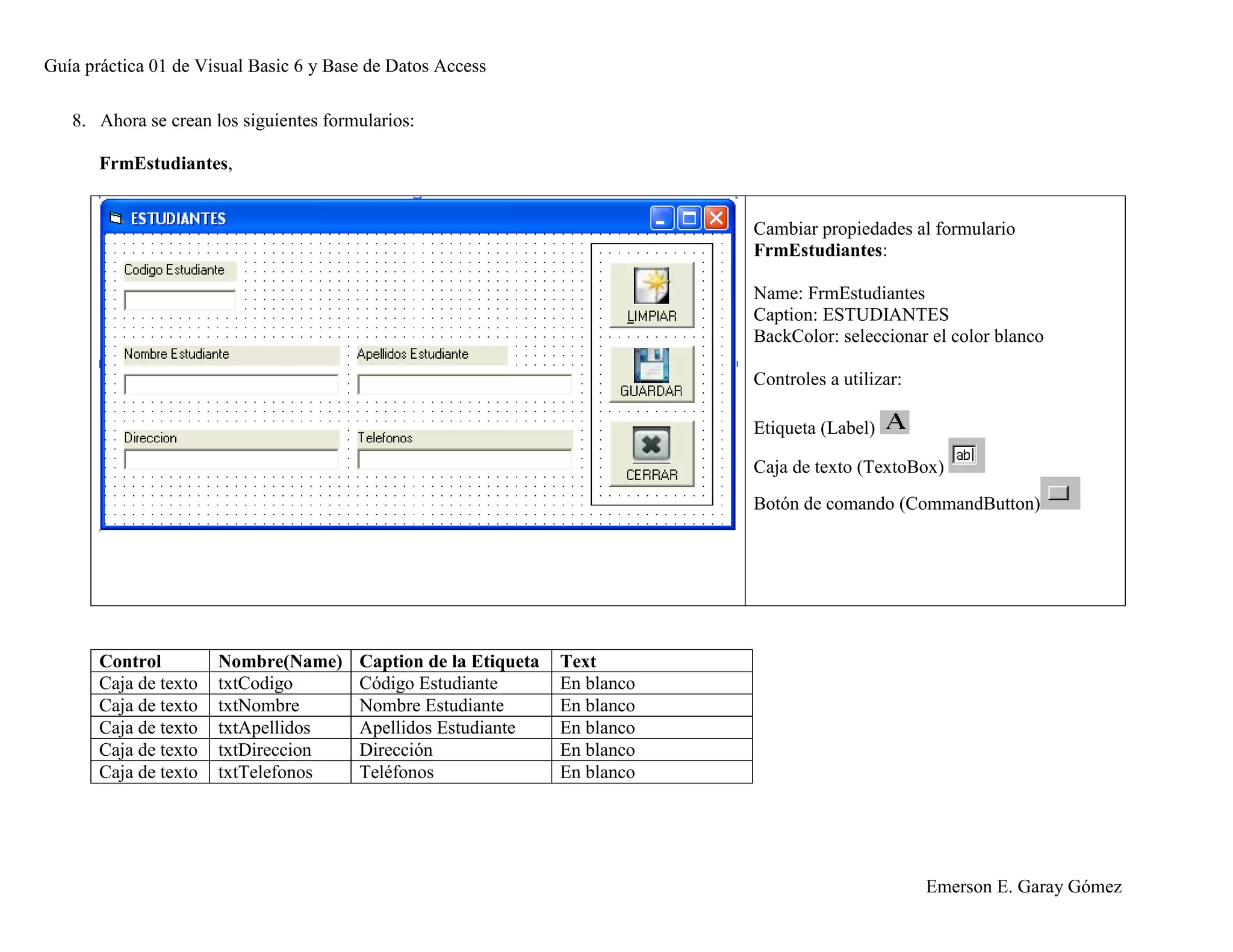 Guía práctica 01 de Visual Basic 6 y Base de Datos Access
Emerson E. Garay Gómez
8. Ahora se crean los siguientes formularios:
FrmEstudiantes,
Cambiar propiedades al formulario
FrmEstudiantes:
Name: FrmEstudiantes
Caption: ESTUDIANTES
BackColor: seleccionar el color blanco
Controles a utilizar:
Etiqueta (Label)
Caja de texto (TextoBox)
Botón de comando (CommandButton)
Control Nombre(Name) Caption de la Etiqueta Text
Caja de texto txtCodigo Código Estudiante En blanco
Caja de texto txtNombre Nombre Estudiante En blanco
Caja de texto txtApellidos Apellidos Estudiante En blanco
Caja de texto txtDireccion Dirección En blanco
Caja de texto txtTelefonos Teléfonos En blanco
 