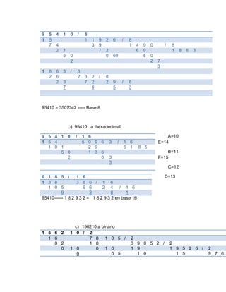 9   5   4   1   0       /   8
1   5                       1   1   9   2       6       /    8
    7   4                       3   9                        1    4   9   0       /    8
        2   1                       7   2                         6   9                1     8   6   3
            5   0                       0       60                    5   0
                2                                                         2   7
                                                                              3
1   8   6   3   /       8
    2   6               2   3   2   /   8
        2   3               7   2       2       9       /    8
            7                   0               5            3



95410 = 3507342 ----- Base 8



                c). 95410 a hexadecimal

9 5 4 1 0           /       1 6                                                   A=10
1 5 4                       5 0 9 6         3       /       1 6               E=14
  1 0 1                       2 9                           6 1   8 5
      5 0                     1 3 6                                               B=11
        2                         8         3                                 F=15
                                            3
                                                                                      C=12

6 1 8 5 /         1 6                                                             D=13
1 3 8             3 8 6 / 1 6
   1 0 5              6 6      2 4 / 1 6
          9              2         8       1
95410------ 1 8 2 9 3 2 = 1 8 2 9 3 2 en base 16




                  c) 156210 a binario
1 5 6 2         1 0 / 2
  1 6                   7 8 1 0 5 /                           2
    0 2                 1 8                                   3 9 0 5 2 /             2
      0         1 0        0 1 0                              1 9                     1 9 5 2 6 /        2
                   0               0 5                          1 0                     1 5              9 7 6
 