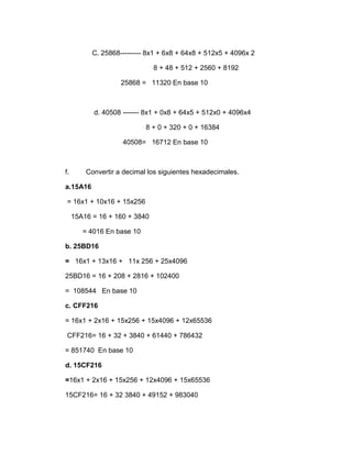 C. 25868--------- 8x1 + 6x8 + 64x8 + 512x5 + 4096x 2

                               8 + 48 + 512 + 2560 + 8192

                    25868 = 11320 En base 10



           d. 40508 ------- 8x1 + 0x8 + 64x5 + 512x0 + 4096x4

                            8 + 0 + 320 + 0 + 16384

                    40508= 16712 En base 10



f.       Convertir a decimal los siguientes hexadecimales.

a.15A16

= 16x1 + 10x16 + 15x256

     15A16 = 16 + 160 + 3840

        = 4016 En base 10

b. 25BD16

= 16x1 + 13x16 + 11x 256 + 25x4096

25BD16 = 16 + 208 + 2816 + 102400

= 108544 En base 10

c. CFF216

= 16x1 + 2x16 + 15x256 + 15x4096 + 12x65536

CFF216= 16 + 32 + 3840 + 61440 + 786432

= 851740 En base 10

d. 15CF216

=16x1 + 2x16 + 15x256 + 12x4096 + 15x65536

15CF216= 16 + 32 3840 + 49152 + 983040
 