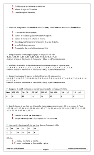 4 El diámetro de las ruedas de varios coches.
5 Número de hijos de 50 familias.
6 Censo de la población chilena.
3. Clasificar las siguientes variables en cualitativas y cuantitativas discretas o continuas.
1 La nacionalidad de una persona.
2 Número de litros de agua contenidos en un depósito.
3 Número de libros en un estante de librería.
4 Suma de puntos tenidos en el lanzamiento de un par de dados.
5 La profesión de una persona.
6 El área de las distintas baldosas de un edificio.
4. Las puntuaciones obtenidas por un grupo en una prueba han sido:
15, 20, 15, 18, 22, 13, 13, 16, 15, 19, 18, 15, 16, 20, 16, 15, 18, 16, 14, 13.
Construir la tabla de distribución de frecuencias y dibuja el gráfico más adecuado.
5. El número de estrellas de los hoteles de una ciudad viene dado por la siguiente serie:
3, 3, 4, 3, 4, 3, 1, 3, 4, 3, 3, 3, 2, 1, 3, 3, 3, 2, 3, 2, 2, 3, 3, 3, 2, 2, 2, 2, 2, 3, 2, 1, 1, 1, 2, 2, 4, 1.
Construir la tabla de distribución de frecuencias y dibuja el gráfico más adecuado.
6. Las calificaciones de 50 alumnos en Matemáticas han sido las siguientes:
5, 2, 4, 9, 7, 4, 5, 6, 5, 7, 7, 5, 5, 2, 10, 5, 6, 5, 4, 5, 8, 8, 4, 0, 8, 4, 8, 6, 6, 3, 6, 7, 6, 6, 7, 6, 7, 3, 5, 6, 9, 6, 1, 4,
6, 3, 5, 5, 6, 7.
Construir la tabla de distribución de frecuencias y dibuja el gráfico más adecuado.
7. Los pesos de los 65 empleados de una fábrica vienen dados por la siguiente tabla:
Peso [50, 60) [60, 70) [70, 80) [80,90) [90, 100) [100, 110) [110, 120)
fi 8 10 16 14 10 5 2
8. Los 40 alumnos de una clase han obtenido las siguientes puntuaciones, sobre 50, en un examen de Física.
3, 15, 24, 28, 33, 35, 38, 42, 23, 38, 36, 34, 29, 25, 17, 7, 34, 36, 39, 44, 31, 26, 20, 11, 13, 22, 27, 47, 39, 37,
34, 32, 35, 28, 38, 41, 48, 15, 32, 13.
1 Construir la tabla de frecuencias.
2 Dibujar el histograma y el polígono de frecuencias.
9. Sea una distribución estadística que viene dada por la siguiente tabla:
xi 61 64 67 70 73
fi 5 18 42 27 8
Calcular:
1 La moda, mediana y media.
2 El rango, varianza y desviación típica .
Francisco Arratia Camus
Página 8
Estadística y Probabilidad
 