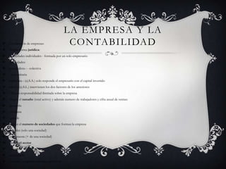 La Empresa y la ContabilidadClasificación de empresas:-Según forma jurídica:-Sociedades individuales - formada por un solo empresario-Sociedades:personalista : - colectiva- comunitariacapitalista : (ej.S.A.) solo responde el empresario con el capital invertidomixta : (ej.S.L.) intervienen los dos factores de los anteriores*Tienen responsabilidad ilimitada sobre la empresa-Según el tamaño (total activo) y además numero de trabajadores y cifra anual de ventas:-pequeña-mediana-grande-Según el numero de sociedades que forman la empresa-simples (solo una sociedad)-compuesta (+ de una sociedad)-Según el sector-primario-secundario-terciario (empresas turisticas,servicios)